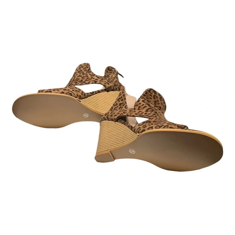 Faux Suede Animal Print Peep-Toe Cutout Wedge Heel Ankle Bootie 8M Tan Brown